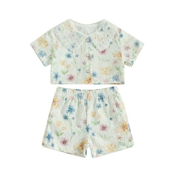 Rovasas Girl 2 Piece Outfit Short Sleeve Doll Collar Flower Print Tops Shorts