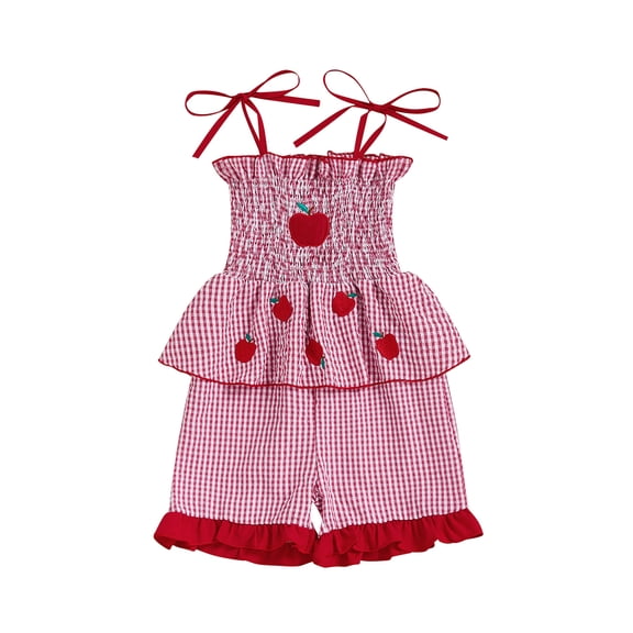 Rovasas Girl Back to School Overalls Plaid Apple Tie Shoulder Shorts Jumpsuit