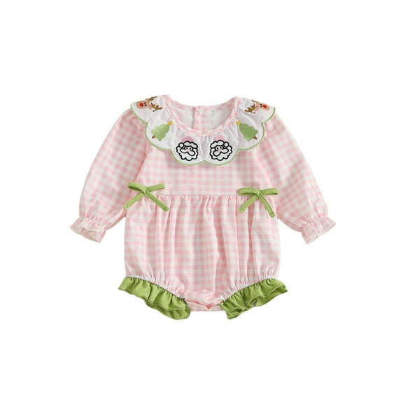 Rovasas Girl Christmas Romper Santa Tree Elk Embroidery Plaid Jumpsuit