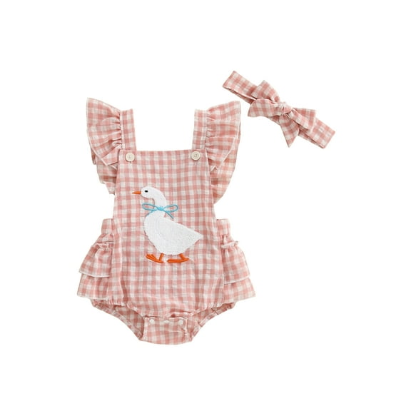 Rovasas Girl Duck Embroidery Romper Flying Sleeve Overalls with Headband
