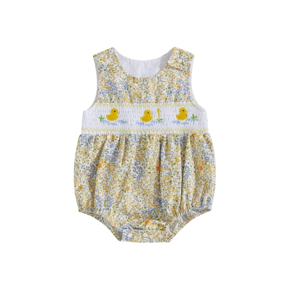 Rovasas Girl Duck Embroidery Romper Sleeveless Round Neck Floral Jumpsuit