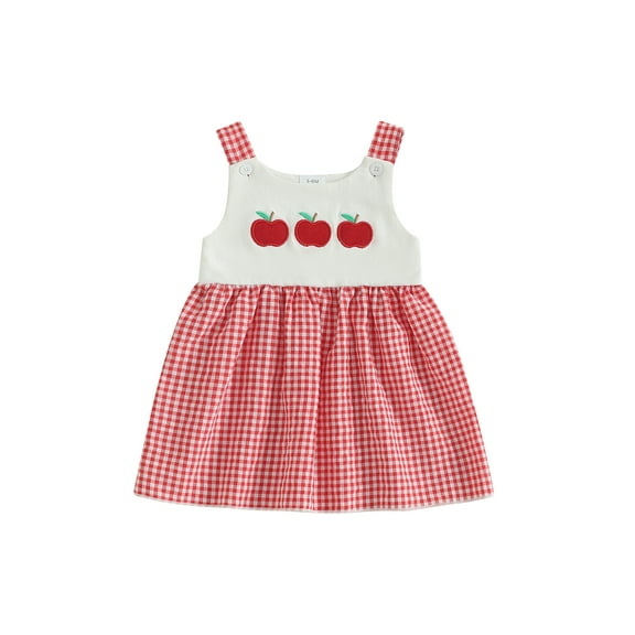 Rovasas Girls Back to School Dress Apple Embroidery Plaid Sleeveless Dress