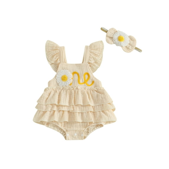 Rovasas Girls Birthday Romper Daisy Letter Embroidery Jumpsuit and Headband