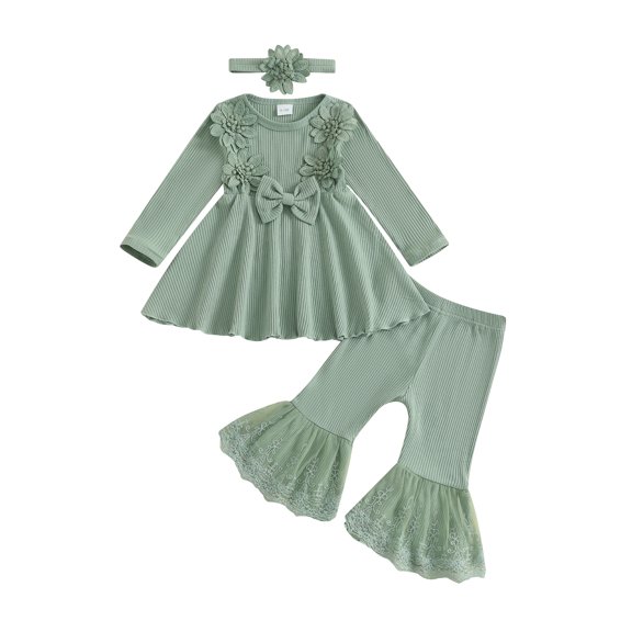 Rovasas Girls Pants Set, Long Sleeve Flower Bow Sweatshirt with Pants Headband