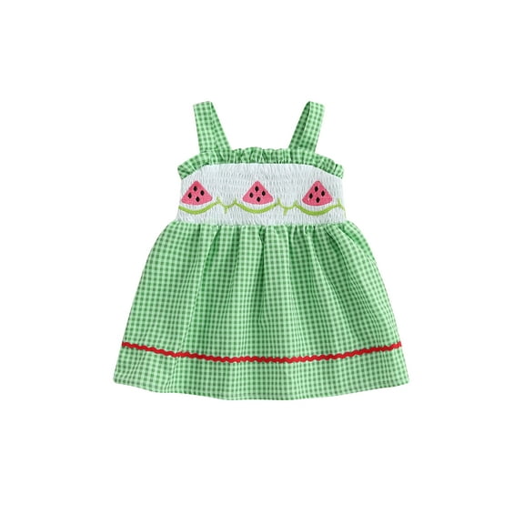 Rovasas Girls Plaid Cami Dress Sleeveless Watermelon Embroidery A-line Dress