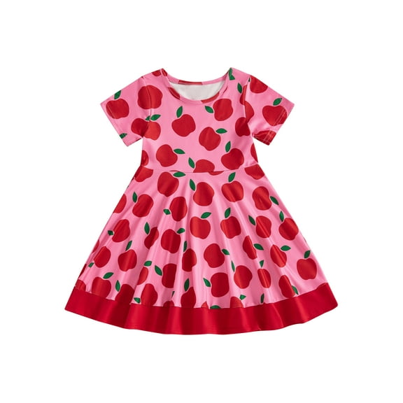Rovasas Girls Short Sleeve Contrast Color/Excavator/Apple Print A-line Dress