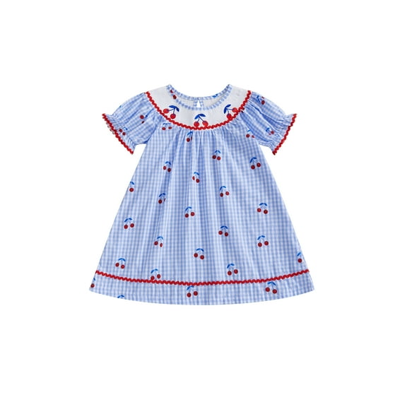 Rovasas Little Girl Plaid Dress Cherry Ric Rac Trim Short Sleeve A-line Dress