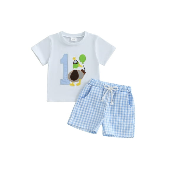 Rovasas Newborn Toddler Baby Boy Birthday Outfits My 1st Birthday Mallard Duck Short Sleeves T-Shirt Elastic Plaid Shorts 2pcs Boys Clothes Set