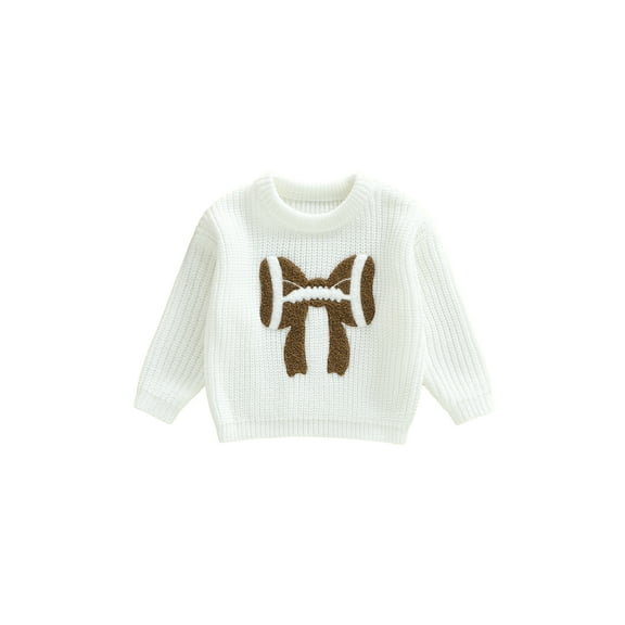 Rovasas Toddler Baby Girl Fall Sweater Bow Football Embroidered Crew Neck Long Sleeve Knit Tops