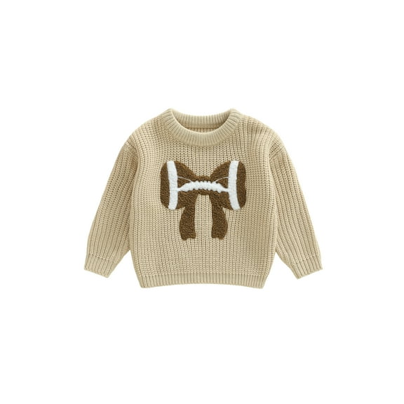 Rovasas Toddler Baby Girl Fall Sweater Bow Football Embroidered Crew Neck Long Sleeve Knit Tops