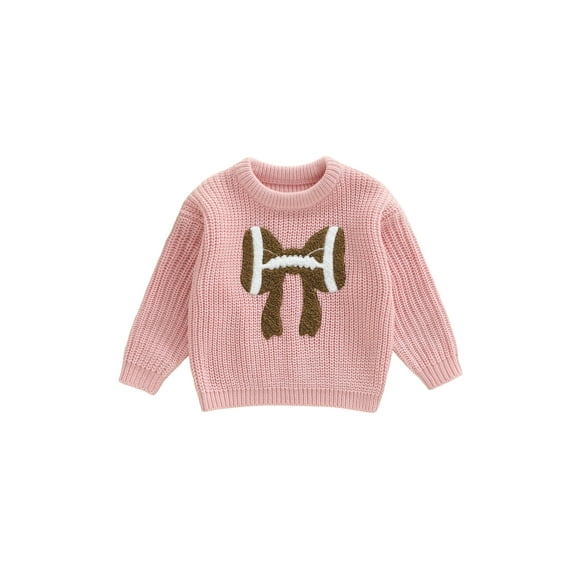 Rovasas Toddler Baby Girl Fall Sweater Bow Football Embroidered Crew Neck Long Sleeve Knit Tops
