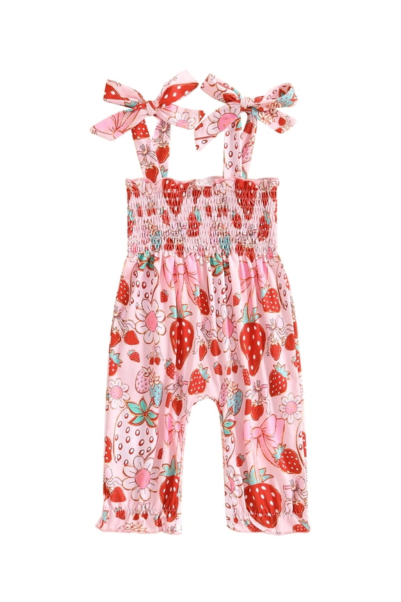 Toddler Baby Girl Smocked Overalls Strawberry Tie Shoulder Jumpsuit