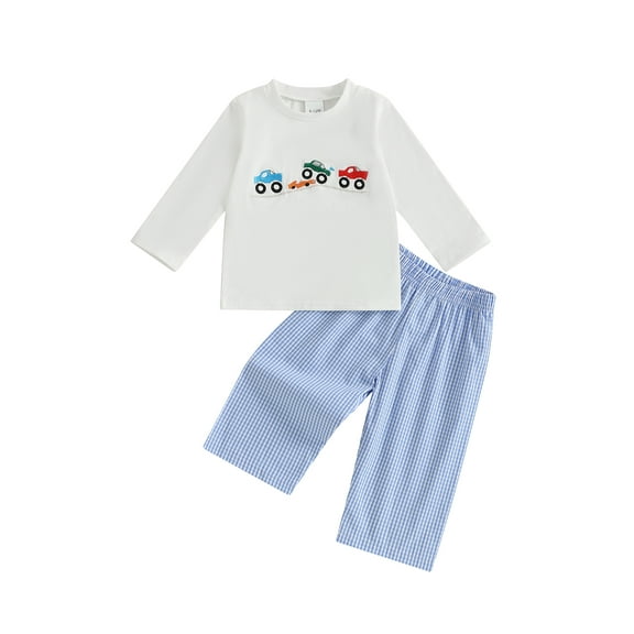 Rovasas Toddler Boy Fall Outfit Truck Embroidered Long Sleeve Tops Plaid Pants