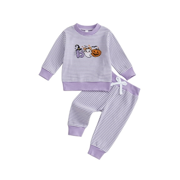 Rovasas Toddler Boy Stripe Fall Set Pumpkin Long Sleeve Pullover Bow Pants