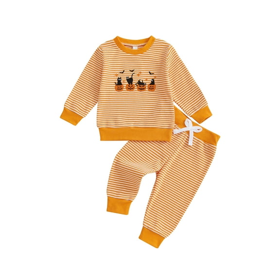 Rovasas Toddler Boy Stripe Fall Set Pumpkin Long Sleeve Pullover Bow Pants