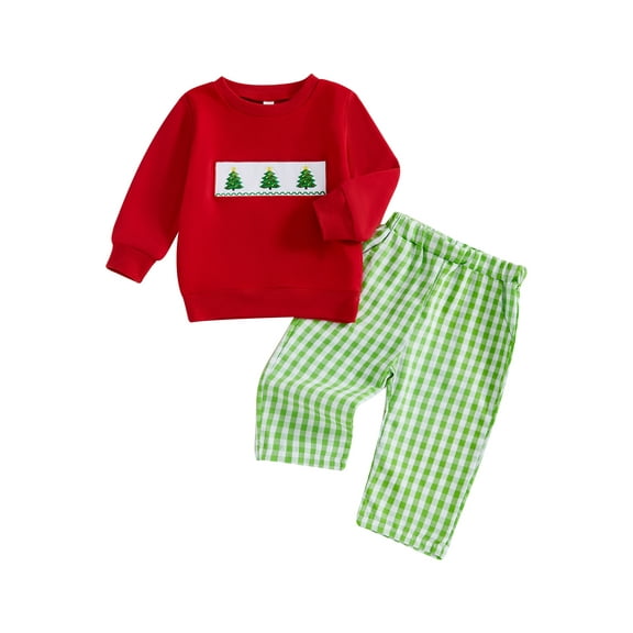 Rovasas Toddler Boys Christmas Outfits Sweatshirts and Plaid Long Pants Set