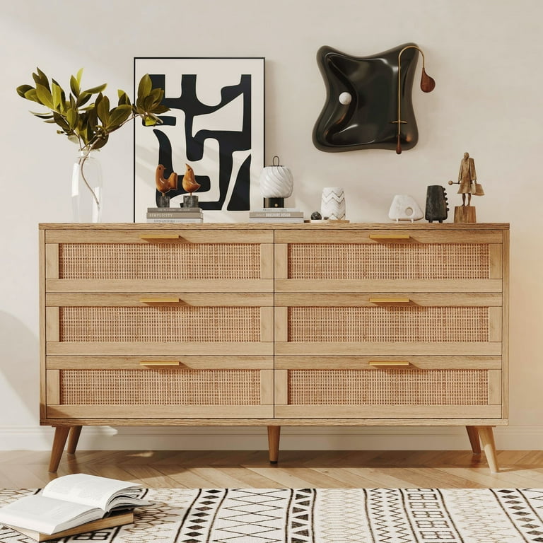 Rovaurx 6 Drawer Double Dresser Chest Bedroom Chest of Dressers Rattan Beside Table Natural