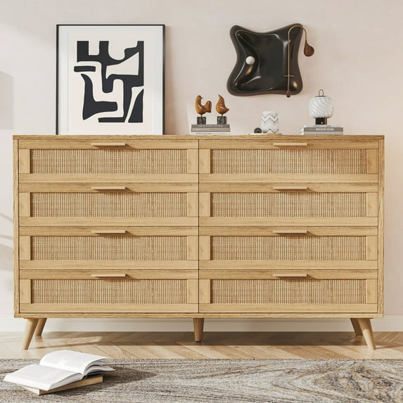 Rovaurx 8 Drawer Double Dresser, Modern Rattan Wooden Dresser Chest, Natural