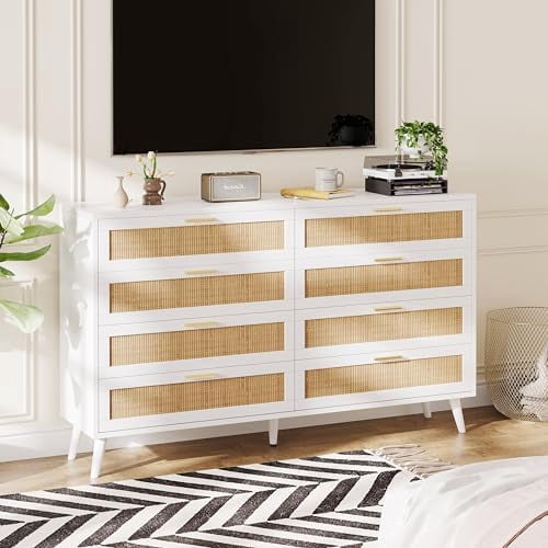 Rovaurx 8 Drawer Double Dresser for Bedroom, Rattan Chest of Dressers ...