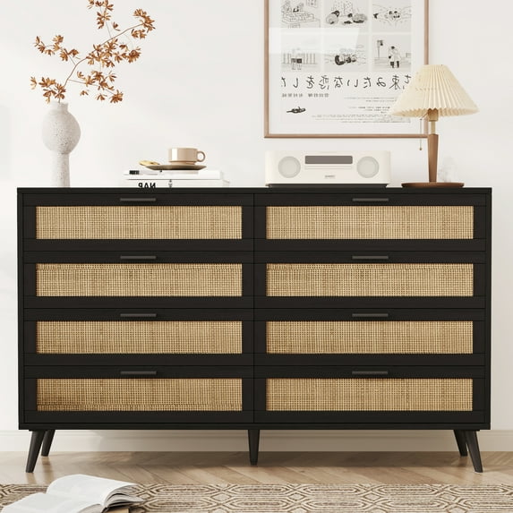 Rovaurx 8-Drawer Rattan Bedroom Organizer Double Dresser, Black