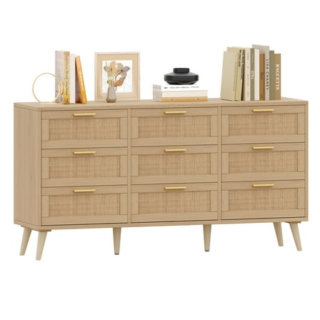 Rovaurx 9 Drawer Double Dresser for Bedroom, Rattan Chest of Dressers, Modern Wooden Dresser Chest with Golden Handles, Beside Table for Closet, Living Room and Entryway, Natural RDG002M