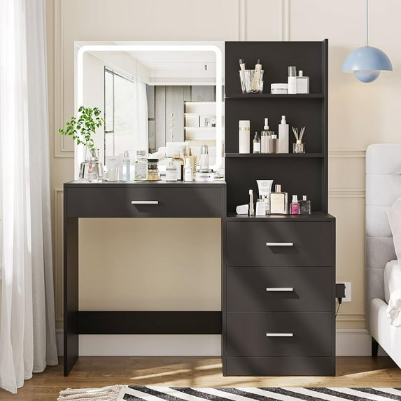 Rovaurx Makeup Vanity with 3-Color Dimmable Lighted Mirror, Large Vanity Table with Side Storage Shelf & 4 Drawers, Bedroom Dressing Desk, Brightness Adjustable, Black RSZT107B