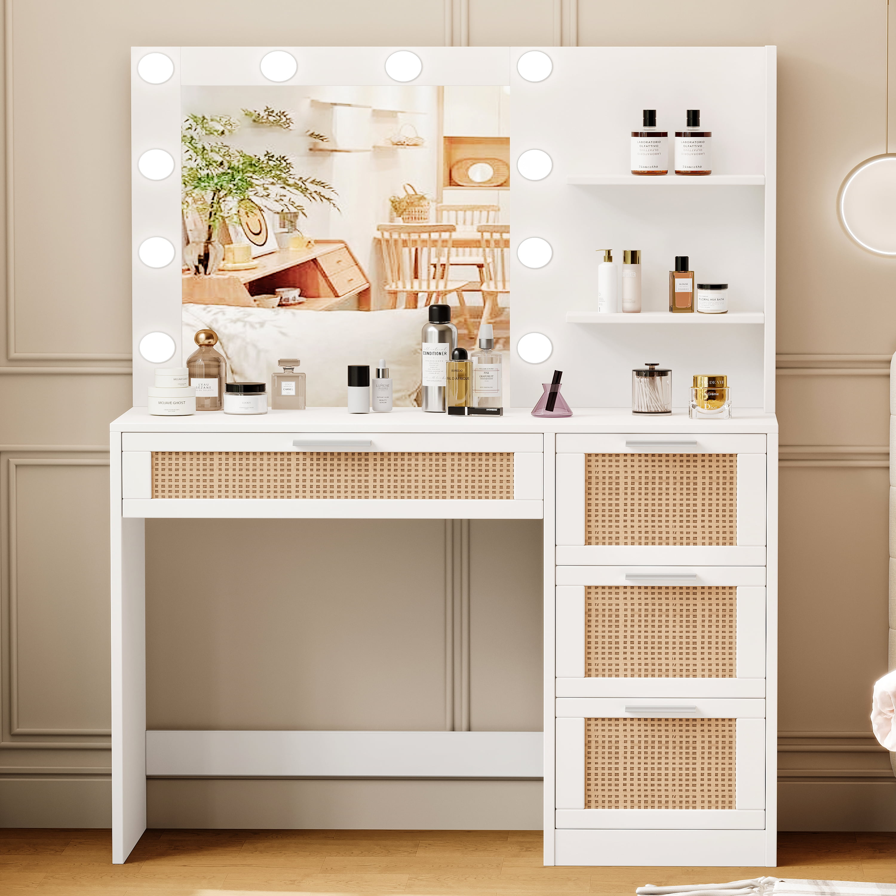 Rovaurx Adult Modern Adjustable with Lighted Mirror and Makeup Table and  Bench Sets Off White - Walmart.com