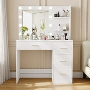 Rovaurx Makeup Vanity Table with Lighted Mirror, Makeup Vanity Desk with Storage Shelf and 4 Drawers, Bedroom Dressing Table, 10 LED Lights, White RSZT104W