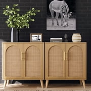 Rovaurx Set of 2 Rattan Storage Cabinet with Doors, Accent Bathroom Floor Cabinet, Modern Sideboard Buffet Cabinet for Living Room, Entryway, Dining Room and Kitchen, Natural