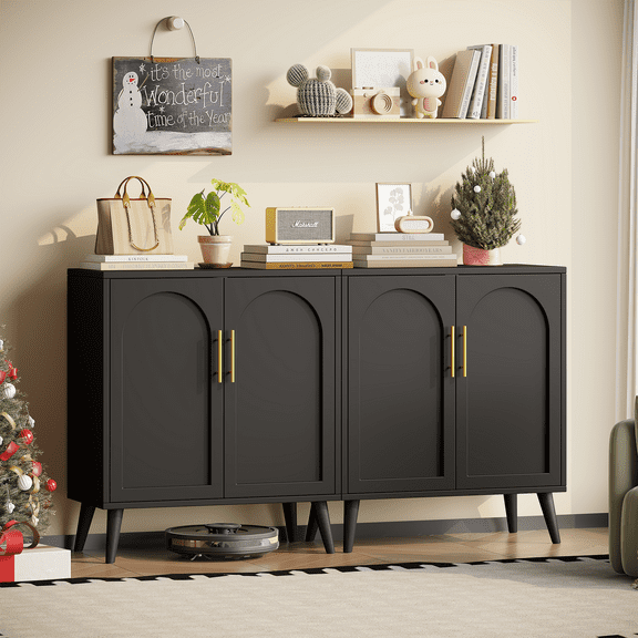 Rovaurx Set of 2 Storage Cabinet with 4 Doors, Accent Bathroom Floor Cabinet, Modern Sideboard Buffet Cabinet for Living Room, Entryway, Dining Room and Kitchen, Black