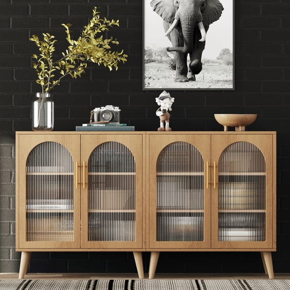 Rovaurx Storage Cabinet with Fluted Glass Doors, 59.1" Floor Storage Cabinet, Modern Buffet Sideboard Storage Cabinet for Dinging Room, Living Room, Entryway, Natural