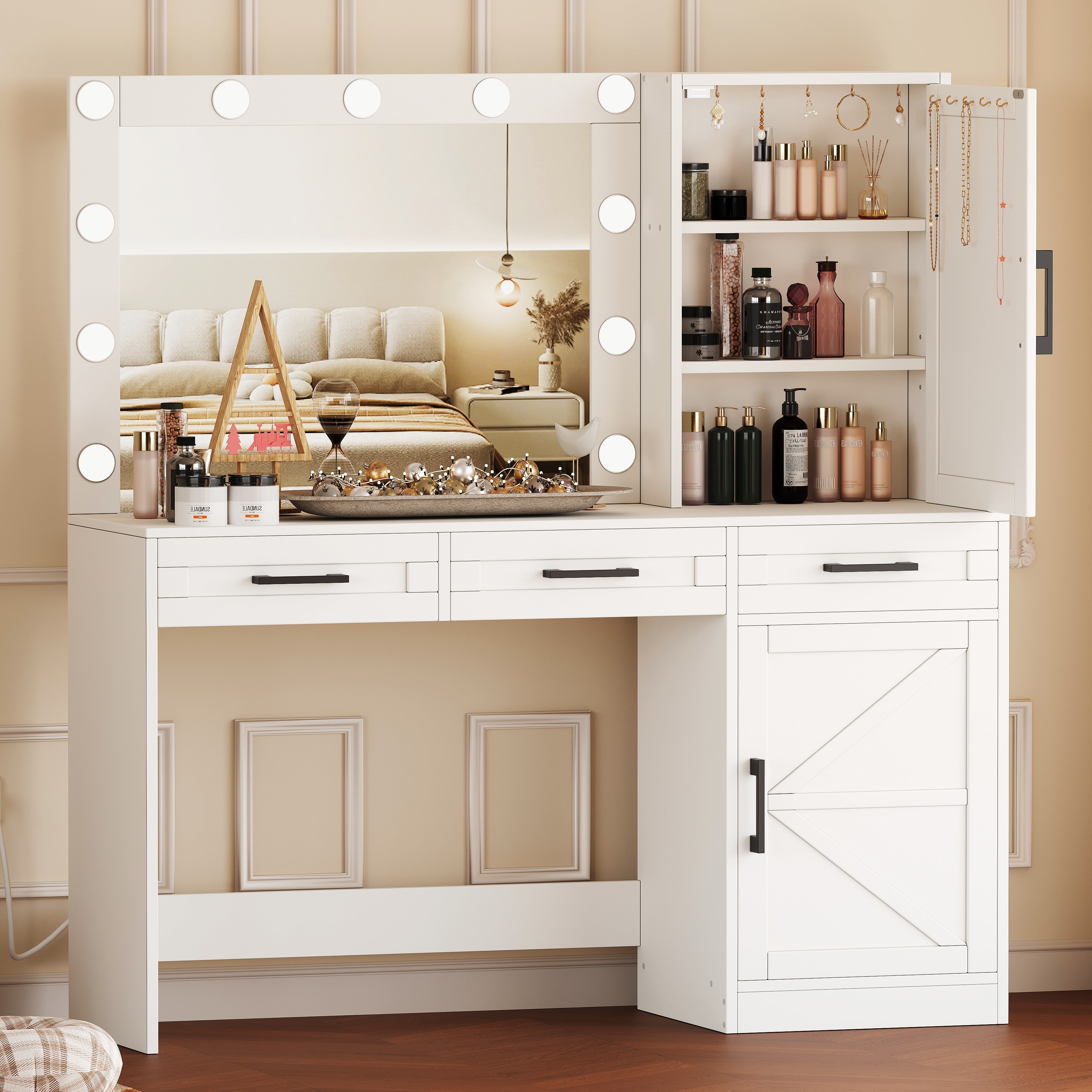 Rovaurx White Vanity Table with Mirror, Lights, Charging Station, 10