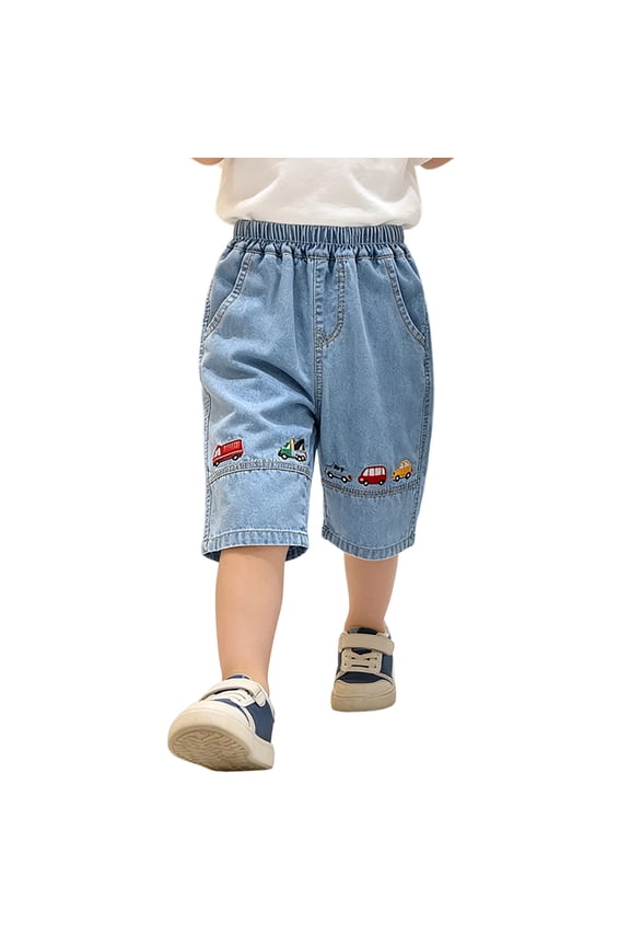 Boys Cute Car Embroidered Denim Shorts, Elastic Waist Knee-Length Casual Summer Shorts Light Blue 120