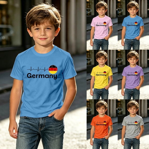 Rove Studio Boys Germany Soccer Heartbeat Graphic Short Sleeve T-Shirt, Lightweight Breathable Casual Tee, Loose Fit Daily Play Top for Kids 3-16 Years Yellow 130