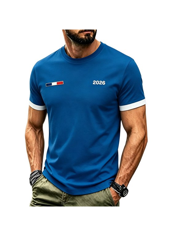 Men’s 2026 Graphic Crew Neck T-Shirt, Casual Short Sleeve Tee with French Flag Print, Breathable Cotton-Blend Summer Top Blue L