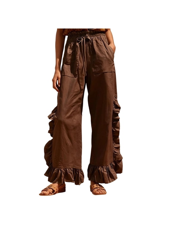 Elegant Knit Front Wide Leg Trouser For Plus Size Autumn Winter Fashion With Ruffle Detail And Patchwork Design Versatile Everyday Pants Brown XXL