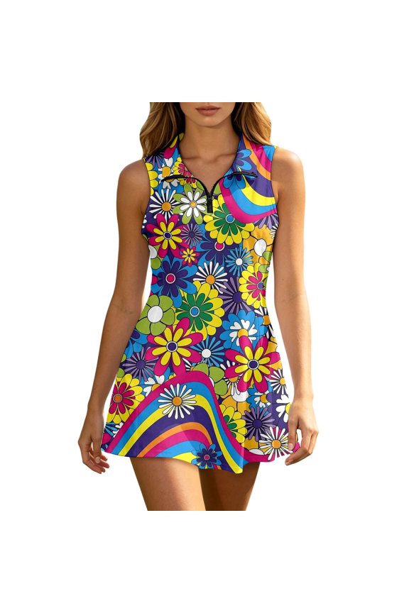 Elegant Sleeveless Tennis Dress For Outdoor Play Lightweight Casual Knit Skirted Tee Dress For Multicolour XXL