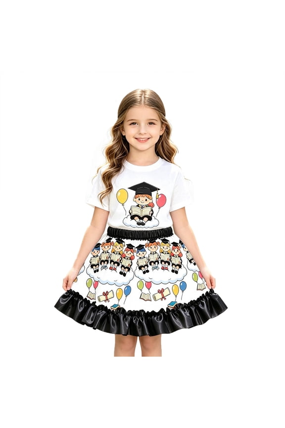 Girls’ Birthday Graduation Print Ruffle Skirt, Elastic Waist Party Midi Skirt, Cute Casual Skirt for Kids White One Size