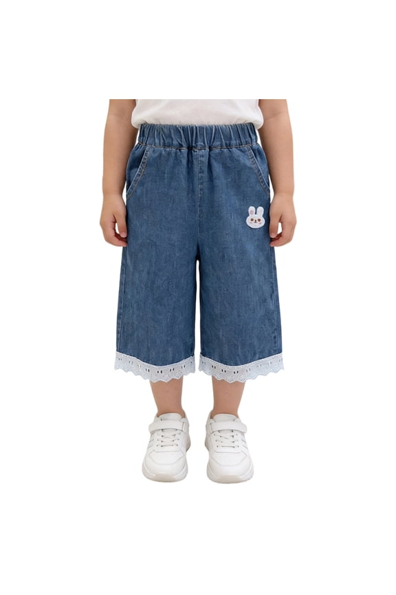 Girls Bunny Embroidered Denim Capri Pants, Lace Trim Wide Leg Casual Shorts for Toddlers Dark Blue 90