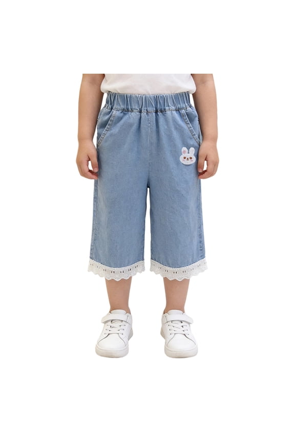 Girls Bunny Embroidered Denim Capri Pants, Lace Trim Wide Leg Casual Shorts for Toddlers Light Blue 100