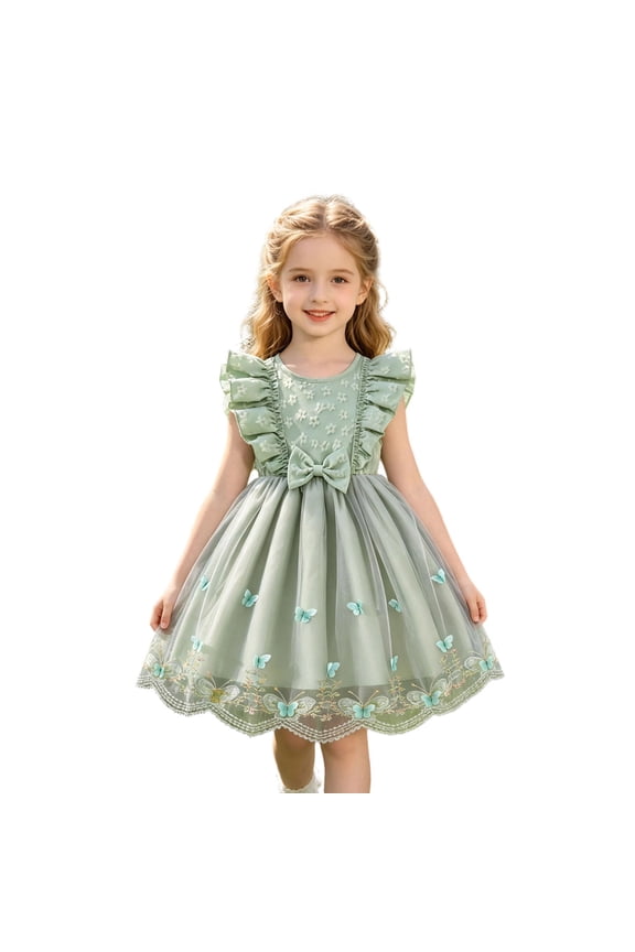 Girls Butterfly Embroidered Tulle Dress, Sleeveless Lace Trim Party Dress, Summer Flower Girl Outfit for Kids Green 100
