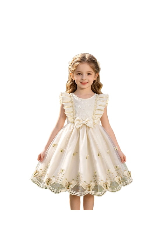 Girls Butterfly Embroidered Tulle Dress, Sleeveless Lace Trim Party Dress, Summer Flower Girl Outfit for Kids White 130
