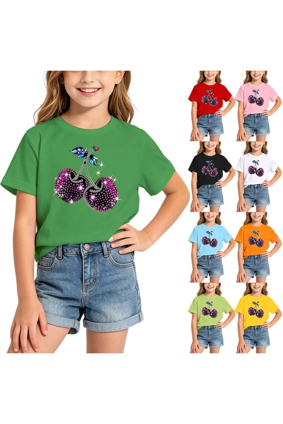 Girls’ Cherry Print Short Sleeve T-Shirt, Kids Casual Loose Fit Cotton Blend Tee for Summer Everyday Wear Ages 2-14 Orange 130