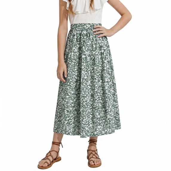 Rove Studio Girls Floral Print Midi Skirt, Casual A-Line Flowy Skirt With Elastic Waist, Lightweight Summer Tiered Skirt For Kids Daily Wear GN2 150
