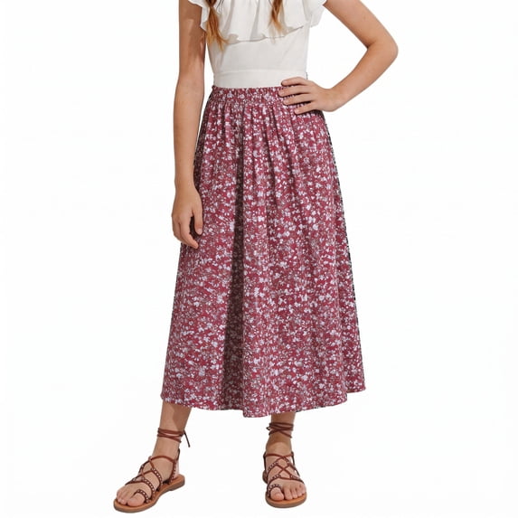 Rove Studio Girls Floral Print Midi Skirt, Casual A-Line Flowy Skirt With Elastic Waist, Lightweight Summer Tiered Skirt For Kids Daily Wear Red 130
