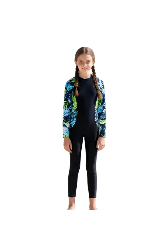 Girls Full-Body Floral UPF 50+ Swimsuit, Long Sleeve Rash Guard for Surfing & Diving Green 11Y