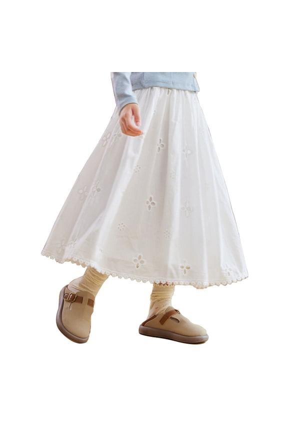 Girls’ Hollow-Out Floral Embroidered A-Line Skirt, Lace Trim Elastic Waist Midi Skirt, Casual Summer Skirt for Kids 4-14 White 110