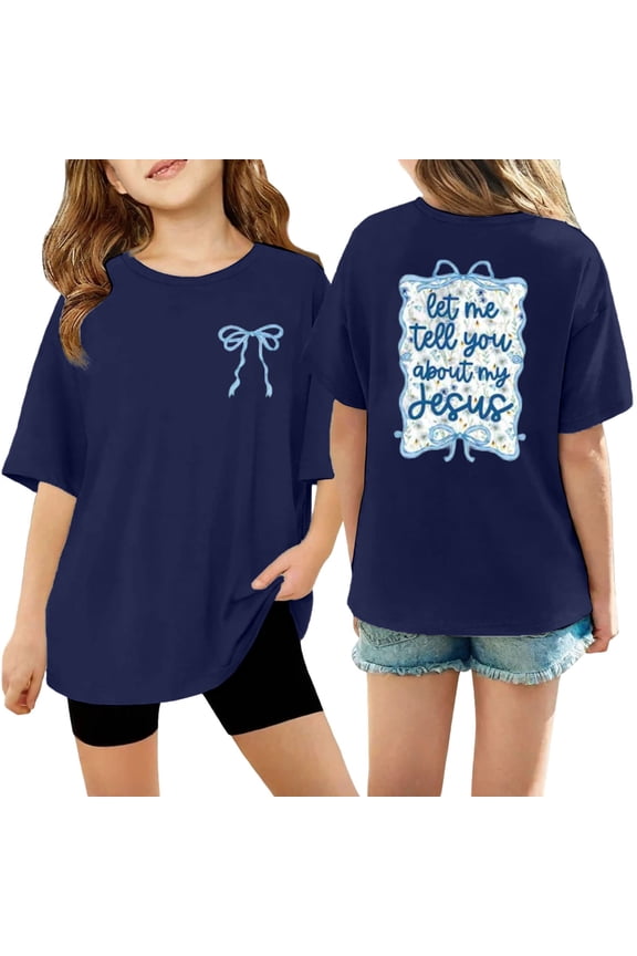 Girls “Let Me Tell You About My Jesus” Christian T-Shirt, Coquette Bow Crewneck Tee for Teens Navy 120