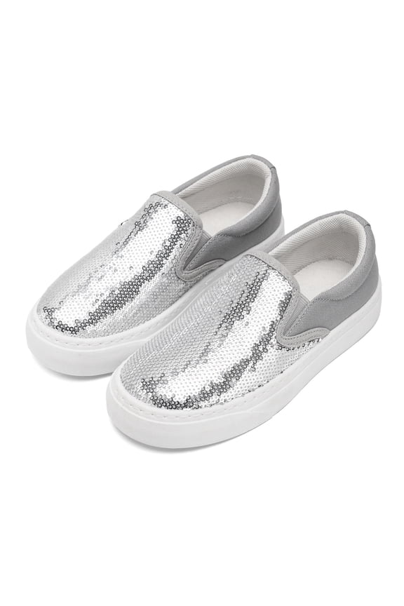 Girls' Sparkly Sequin Slip-On Trainers, Children's Non-Slip Casual Loafers, Lightweight Breathable Play Shoes for Toddlers Silver 24