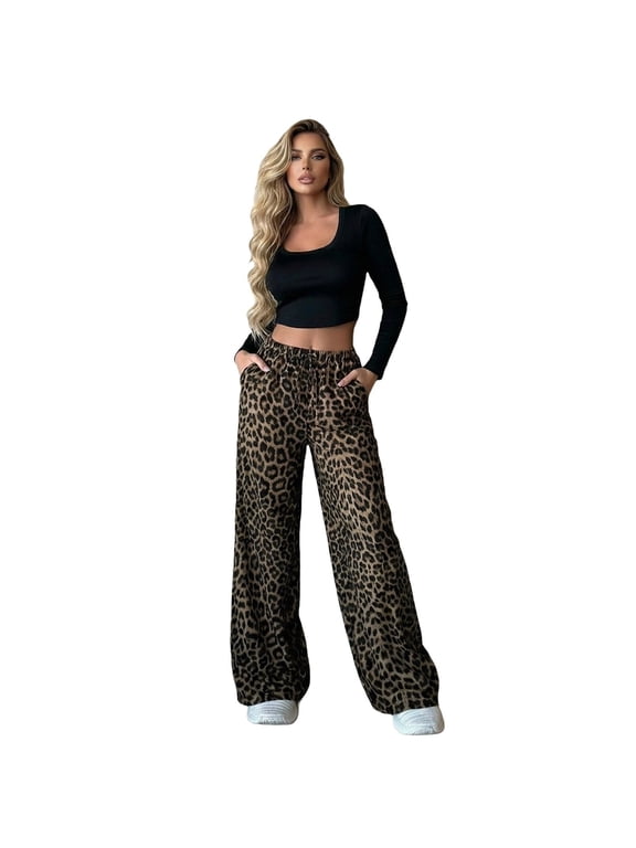 High Waist Leopard Loose Straight Satin Wide Leg Pants Plus Size Coffee S